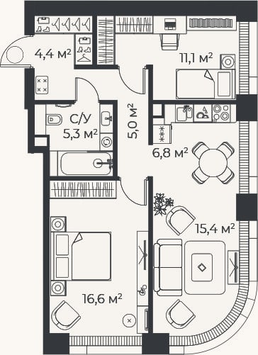Планировка: 3-к, 64,6 м²