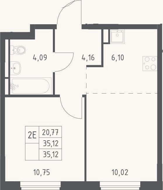 Планировка: 2-к, 35,1 м²