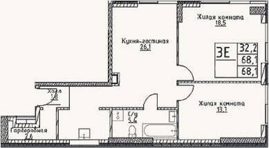 Планировка: 3-к, 68,1 м²