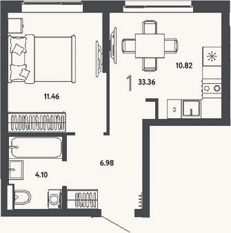 Планировка: 1-к, 33,4 м²