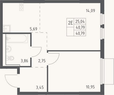 Планировка: 2-к, 40,8 м²