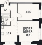 Планировка: 2-к, 56,7 м²