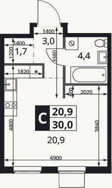 Планировка: Студия, 30 м²