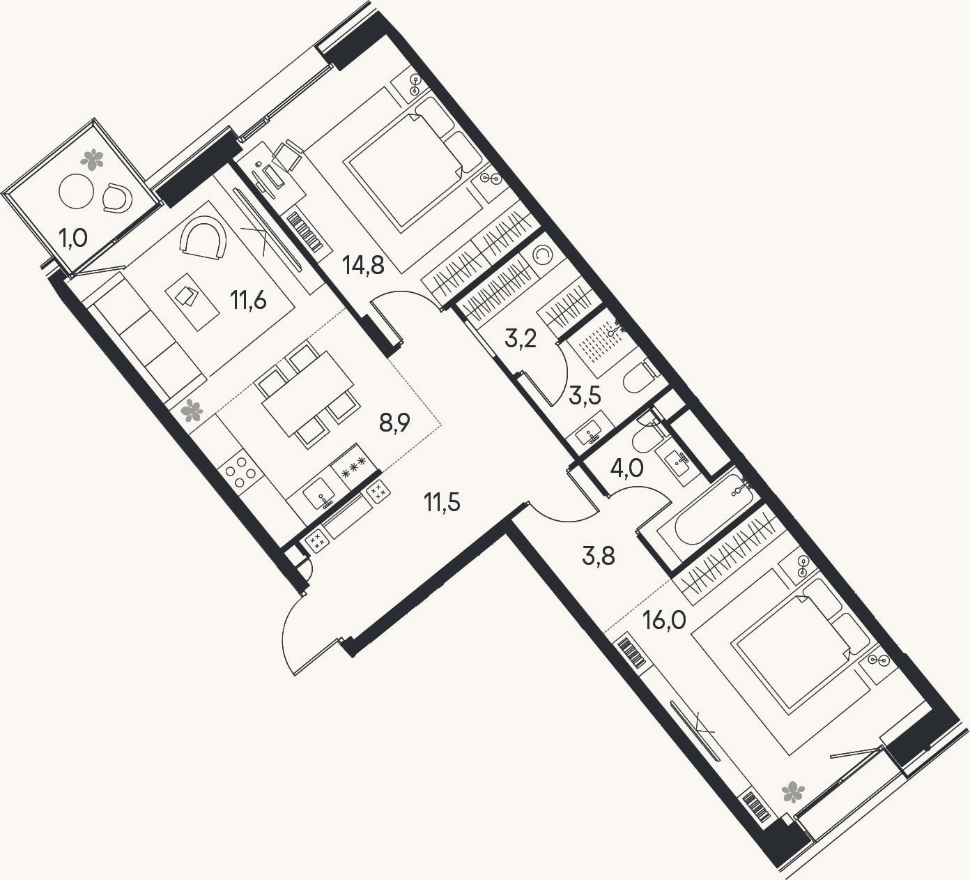 Планировка: 3-к, 77,3 м²