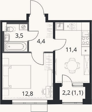 Планировка: 1-к, 32,1 м²