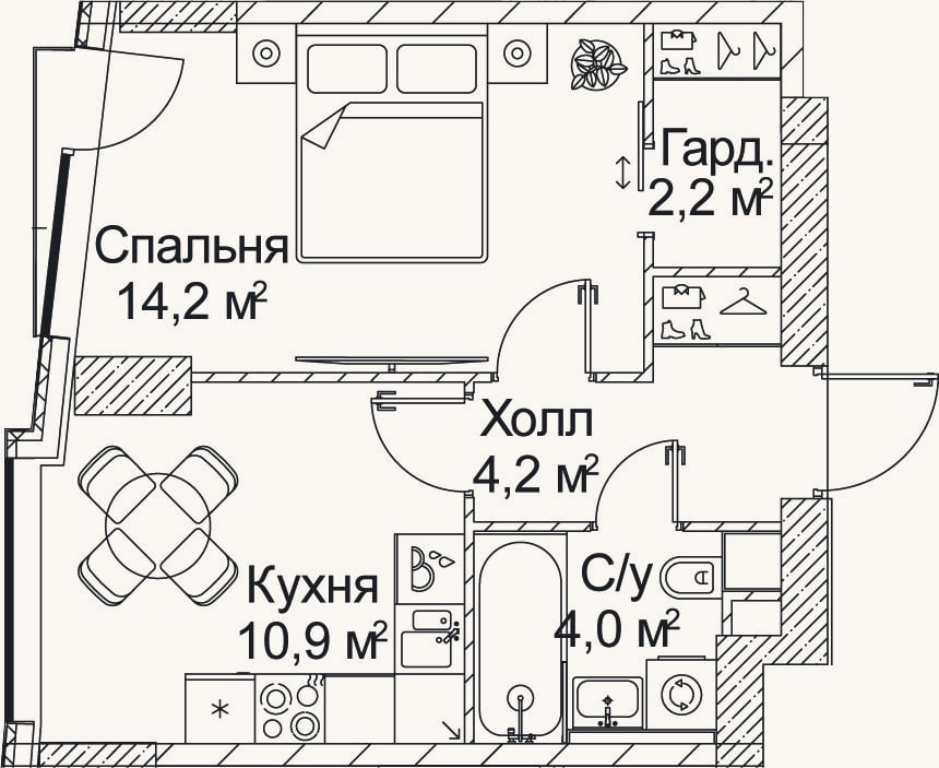 Планировка: 1-к, 35,6 м²