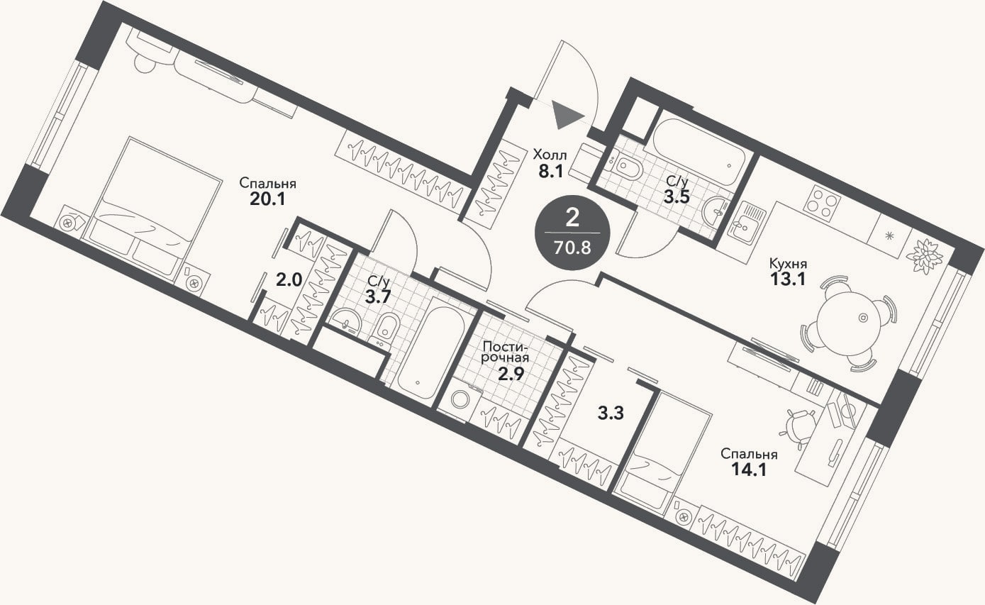 Планировка: 2-к, 70,8 м²