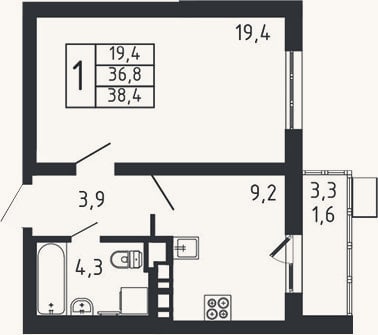 Планировка: 1-к, 36,8 м²