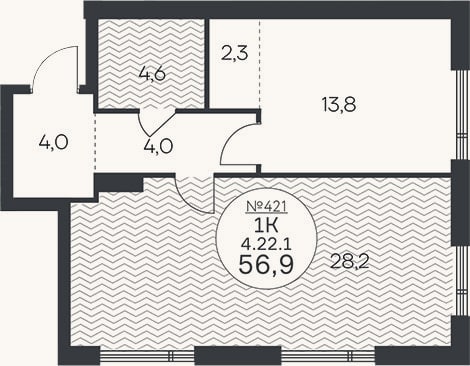 Планировка: 1-к, 56,9 м²