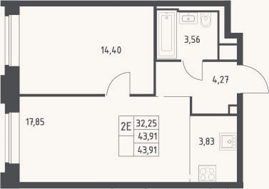 Планировка: 2-к, 43,9 м²