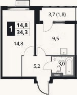 Планировка: 1-к, 32,5 м²