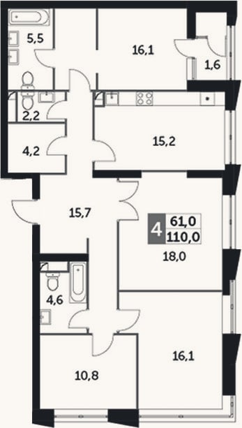 Планировка: 4+ к, 108,4 м²