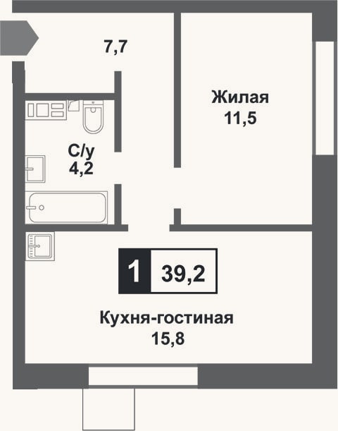 Планировка: 2-к, 39,2 м²