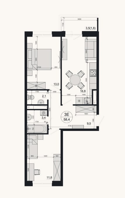 Планировка: 2-к, 56,6 м²