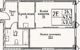 Планировка: 2-к, 43,4 м²