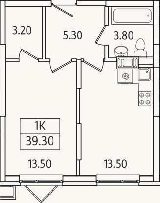 Планировка: 1-к, 39,3 м²