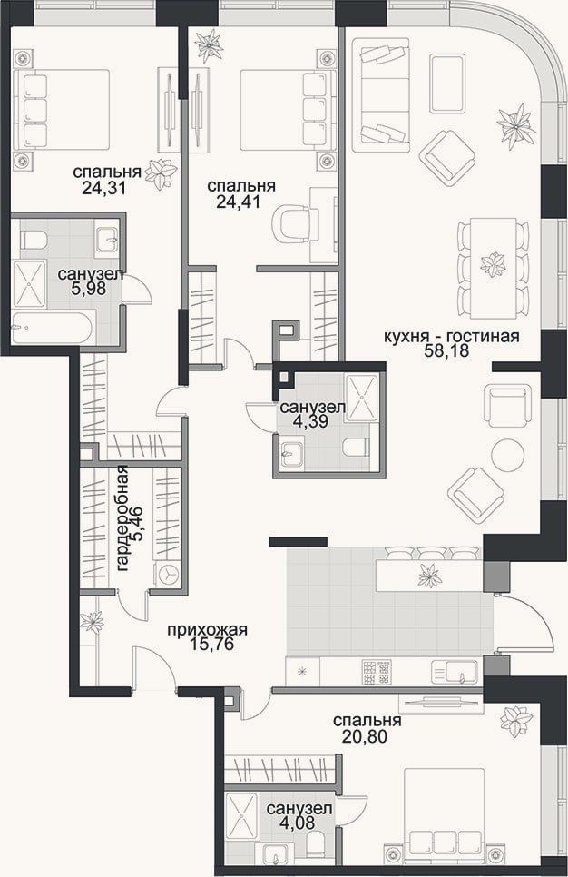 Планировка: 4+ к, 163,4 м²