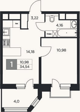 Планировка: 1-к, 32,5 м²