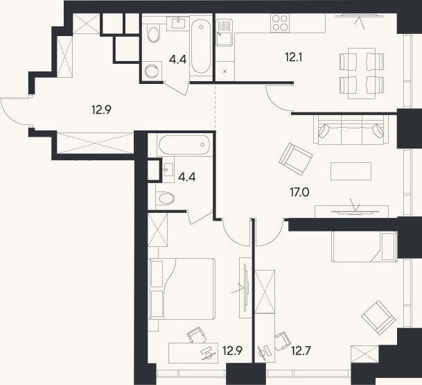 Планировка: 3-к, 76,4 м²