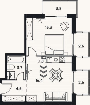 Планировка: 2-к, 41,8 м²