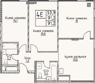 Планировка: 4+ к, 91,2 м²
