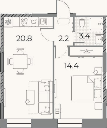 Планировка: 2-к, 40,8 м²