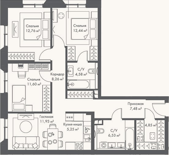 Планировка: 4+ к, 85,7 м²
