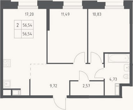 Планировка: 2-к, 56,5 м²