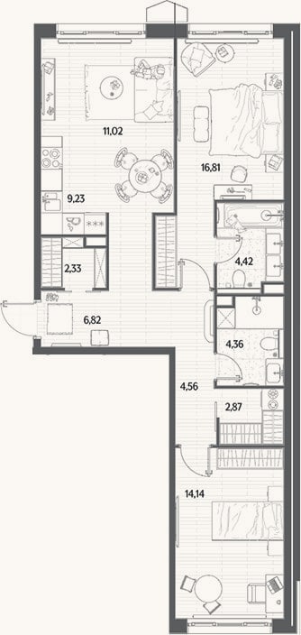 Планировка: 3-к, 76,6 м²