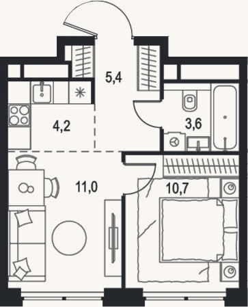 Планировка: 2-к, 34,9 м²