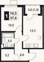 Планировка: 1-к, 36,3 м²