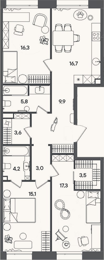 Планировка: 4+ к, 95,4 м²