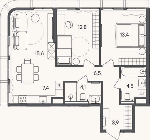 Планировка: 3-к, 68,2 м²