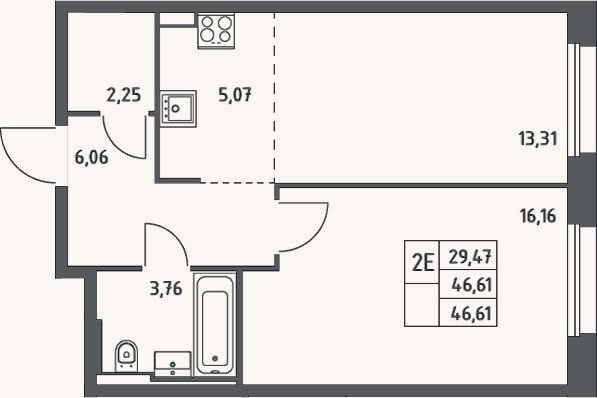 Планировка: 2-к, 46,6 м²
