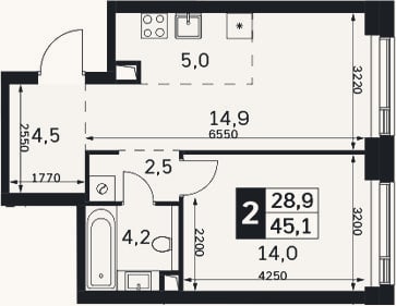 Планировка: 2-к, 45,1 м²