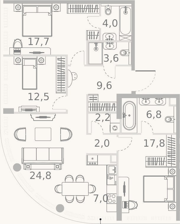 Планировка: 4+ к, 108 м²