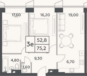 Планировка: 3-к, 75,2 м²