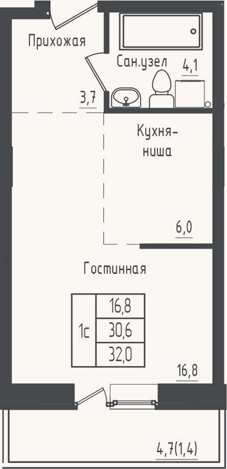 Планировка: Студия, 30,6 м²