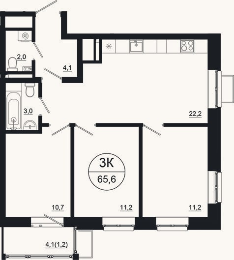 Планировка: 3-к, 64,4 м²