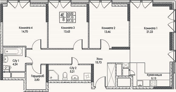 Планировка: 4+ к, 97,1 м²