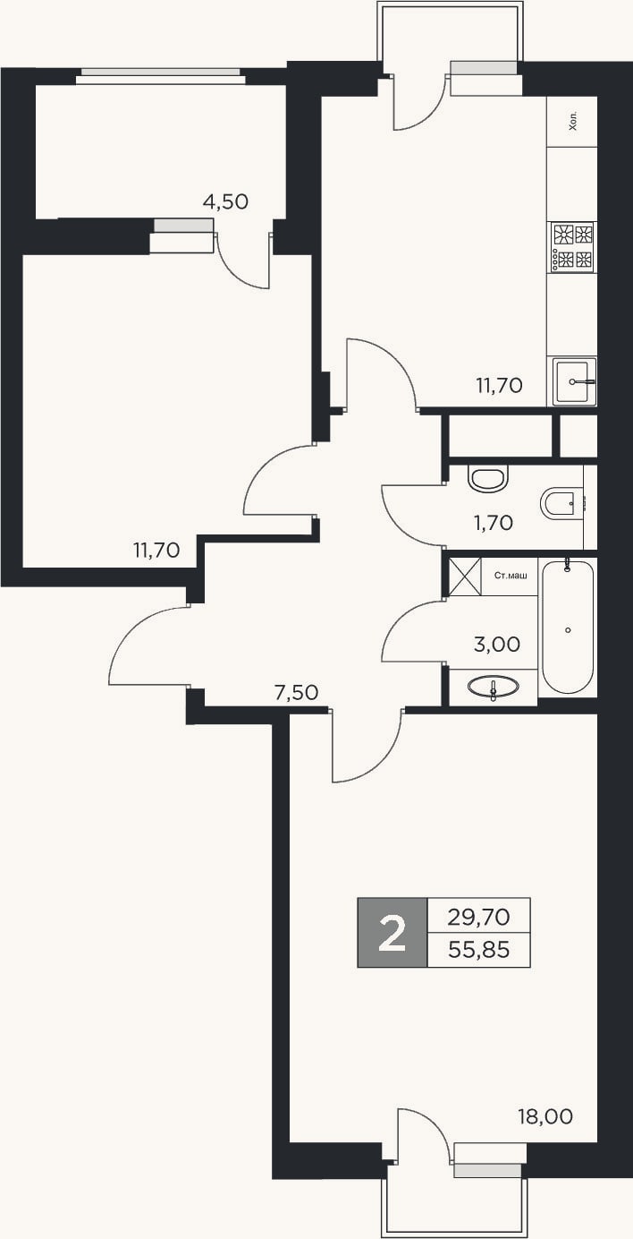 Планировка: 2-к, 53,6 м²