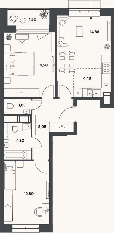Планировка: 3-к, 60,8 м²