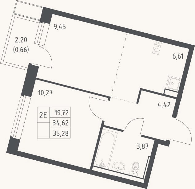 Планировка: 2-к, 34,6 м²