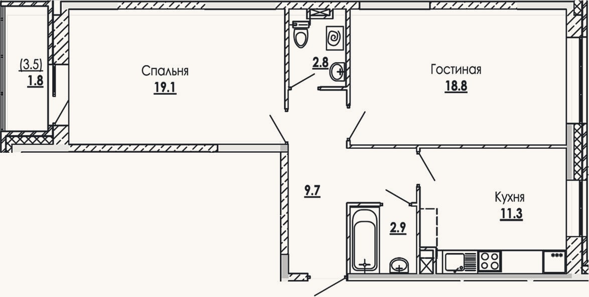 Планировка: 2-к, 64,6 м²