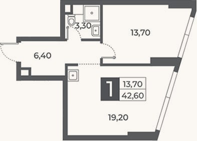 Планировка: 1-к, 42,6 м²