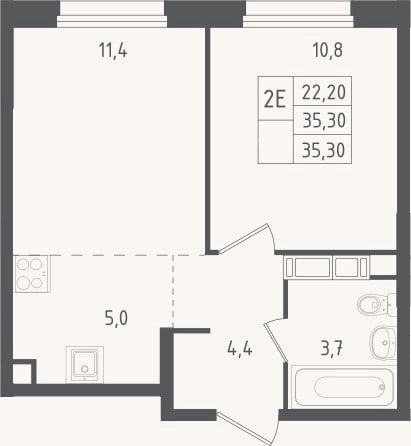Планировка: 2-к, 35,3 м²