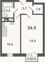 Планировка: 1-к, 33,7 м²