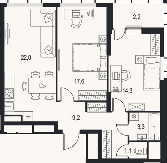 Планировка: 3-к, 67,5 м²