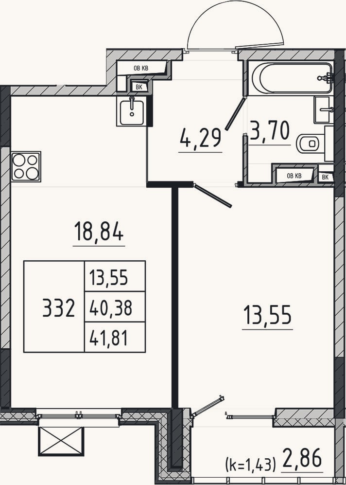 Планировка: 2-к, 40,4 м²
