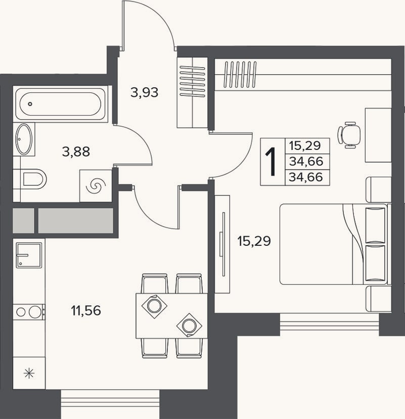Планировка: 1-к, 34,7 м²